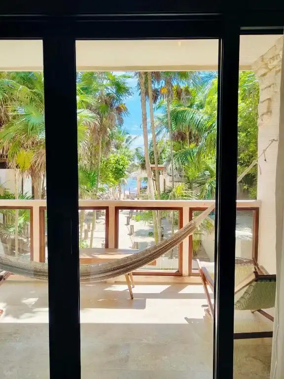 The balcony hammock, seen from inside the room.