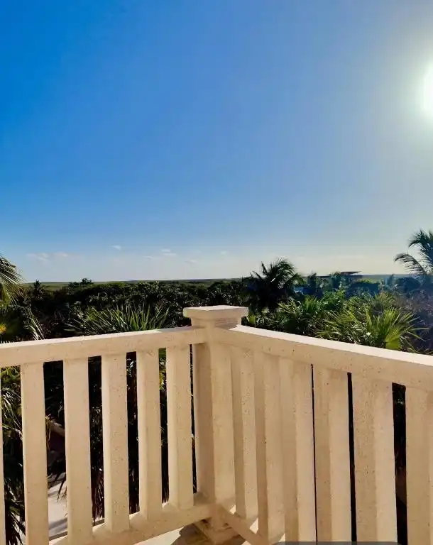 A balcony with a white balustrade, above the garden greenery.