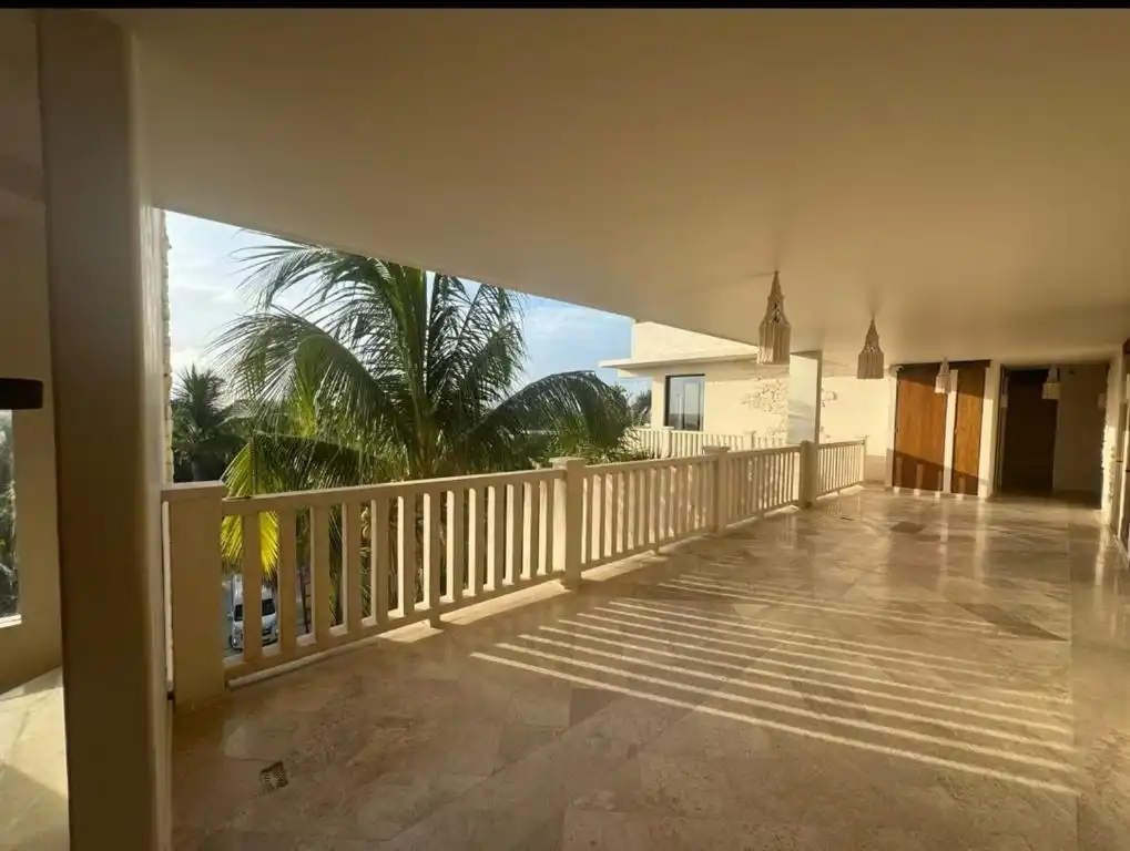 A long terrace with a white balustrade and the garden palms.