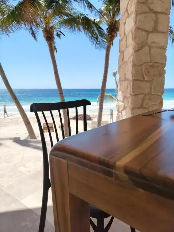 A wooden table on the terrace, with the palms and the sea behind.