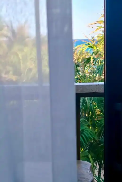 Curtains half-drawn onto the balcony and the palm trees.