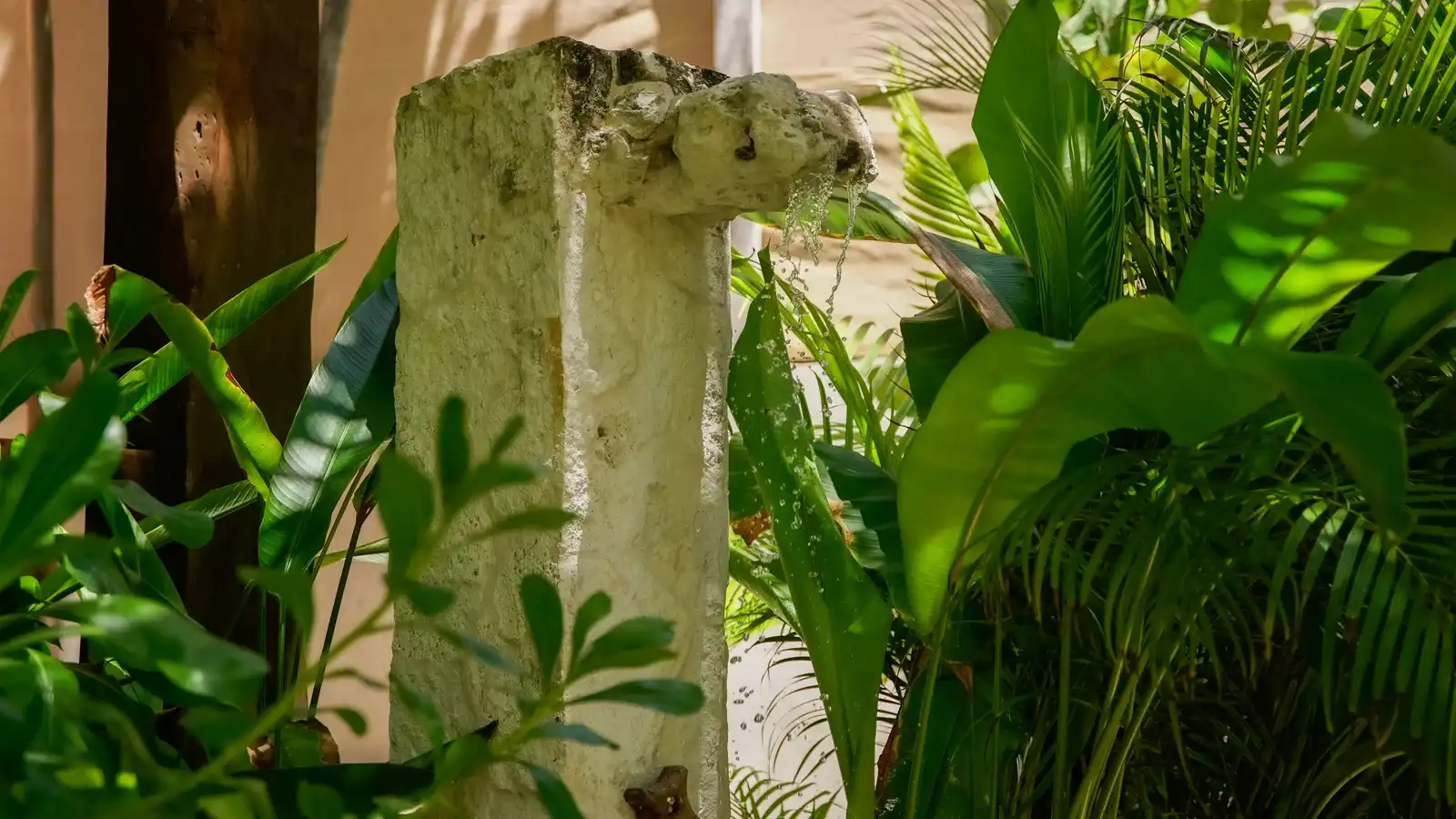 A stone column among tropical plants.