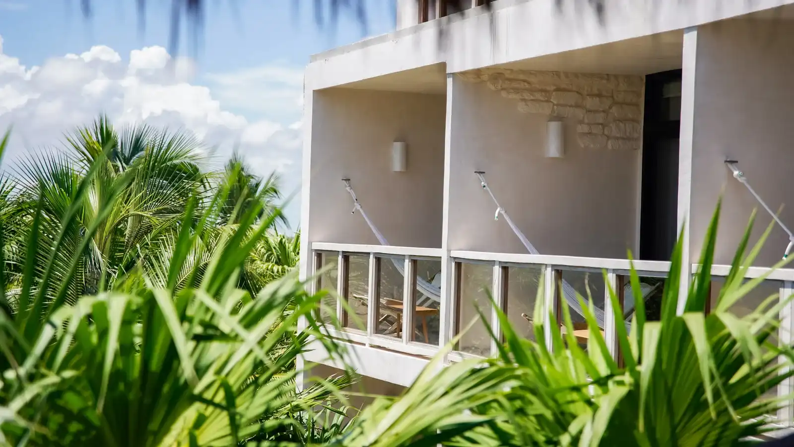 The room terraces with their hammocks, seen through the greenery.
